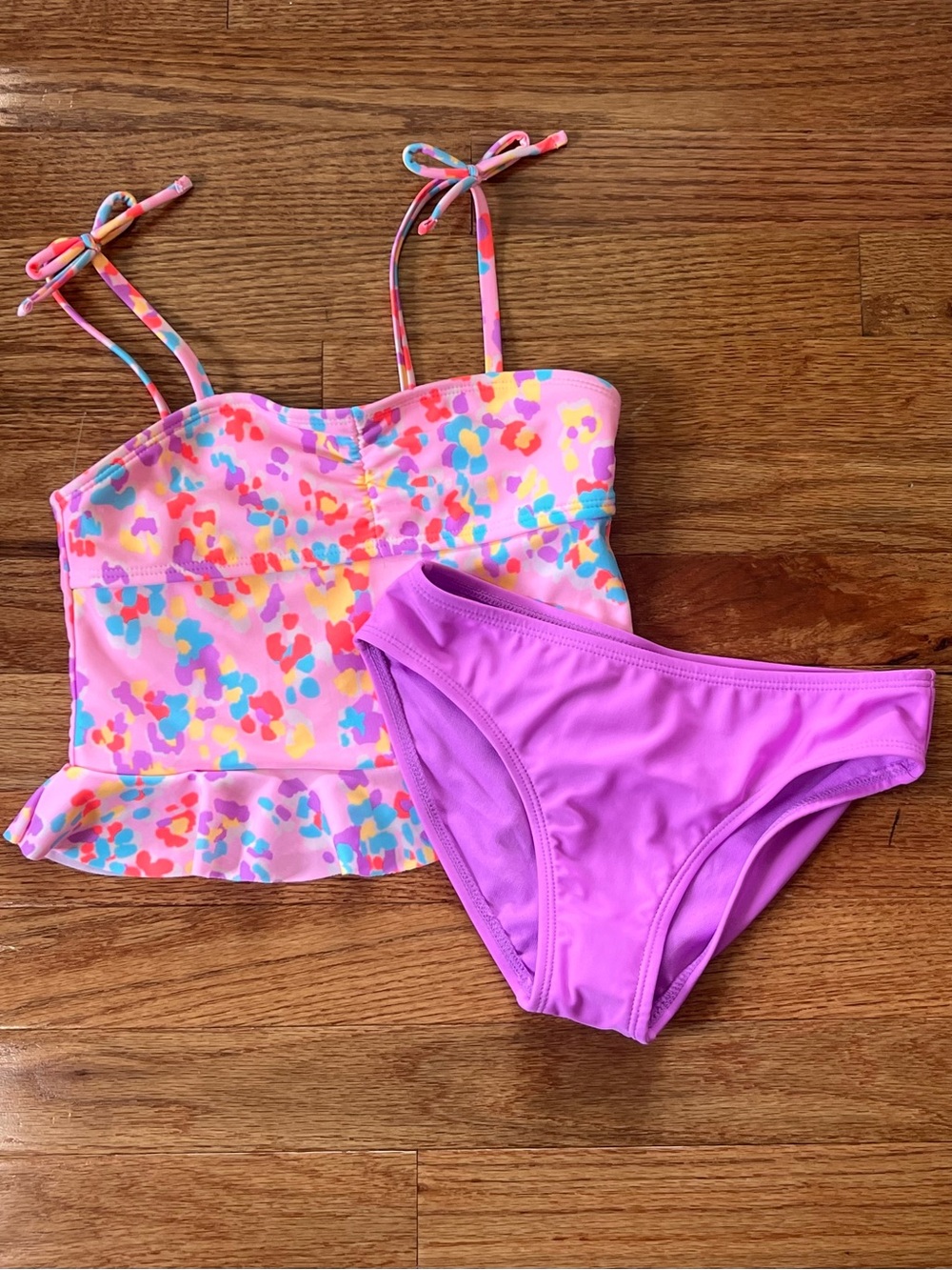 Girls' Pink Multi-Color Ruffle Tankini with Purple Bikini Bottom